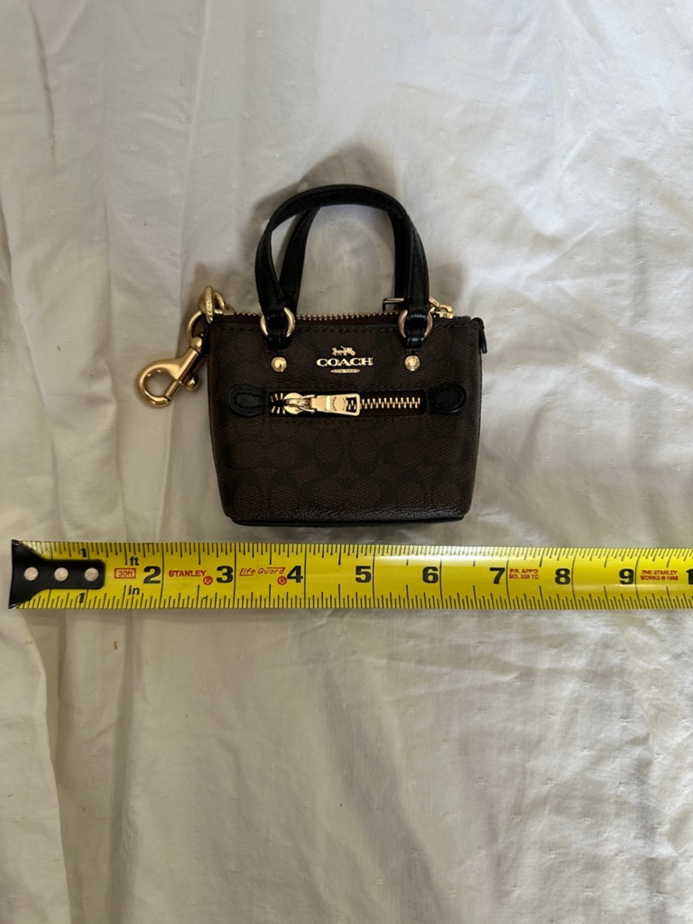 Coach Mini Signature Brown Leather Tote Keychain with Gold Hardware